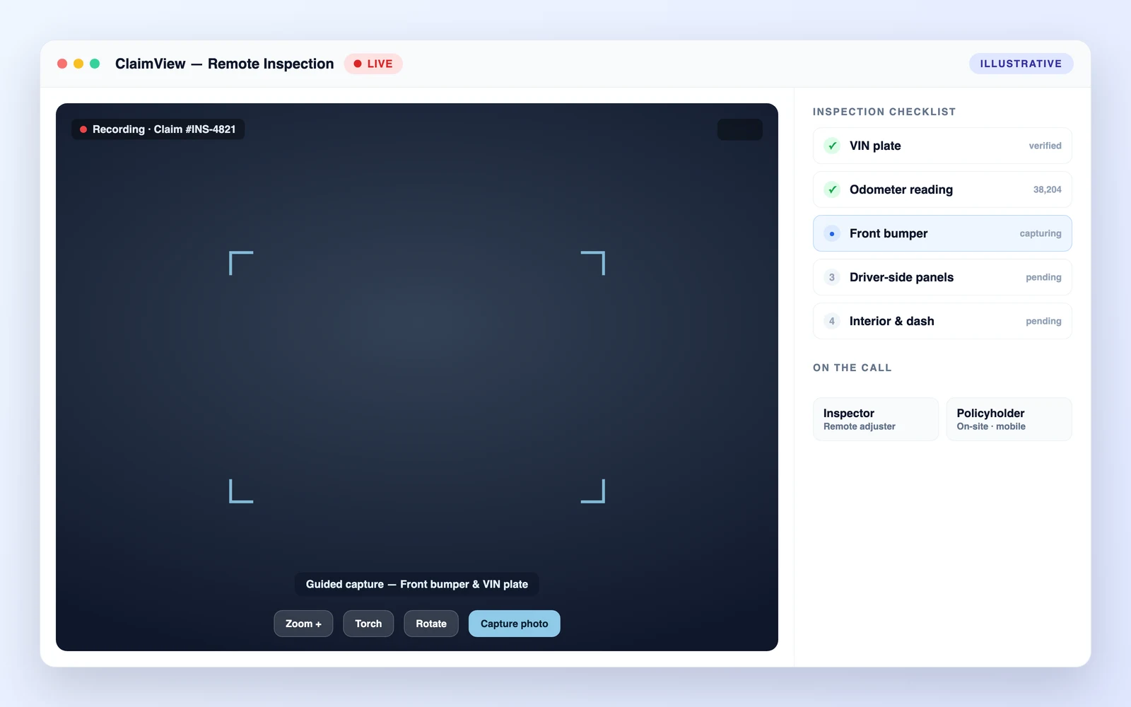 Illustrative remote inspection platform: a live guided-capture video call with an inspection checklist, recording status, and inspector and policyholder on the call.